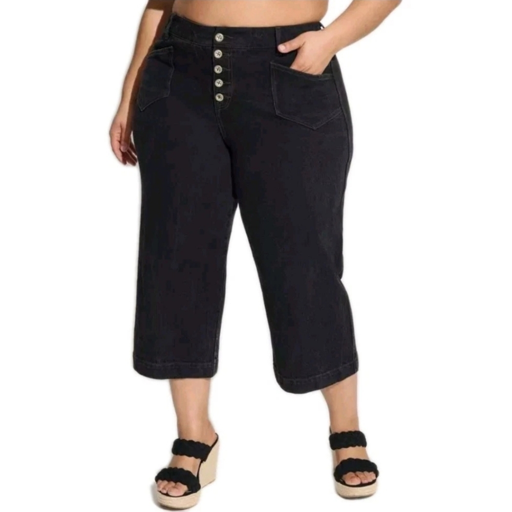 Torrid Crop Wide Leg Jeans Woman Plus 28 High Waisted Black Denim Button Fly Nwt